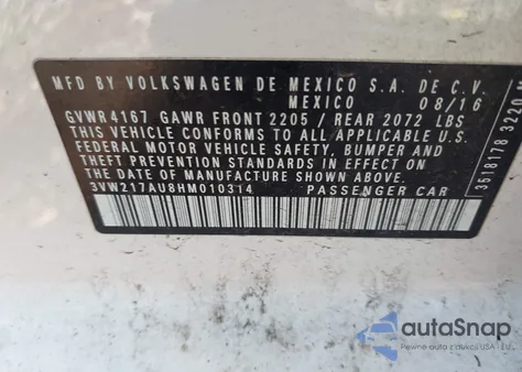 2017 Volkswagen Golf Tsi S 4-Door/Tsi Se 4-Door/Tsi Sel 4-Door/Tsi Wolfsburg Edition 4-Door from USA, damaged, VIN 3VW217AU8HM010314